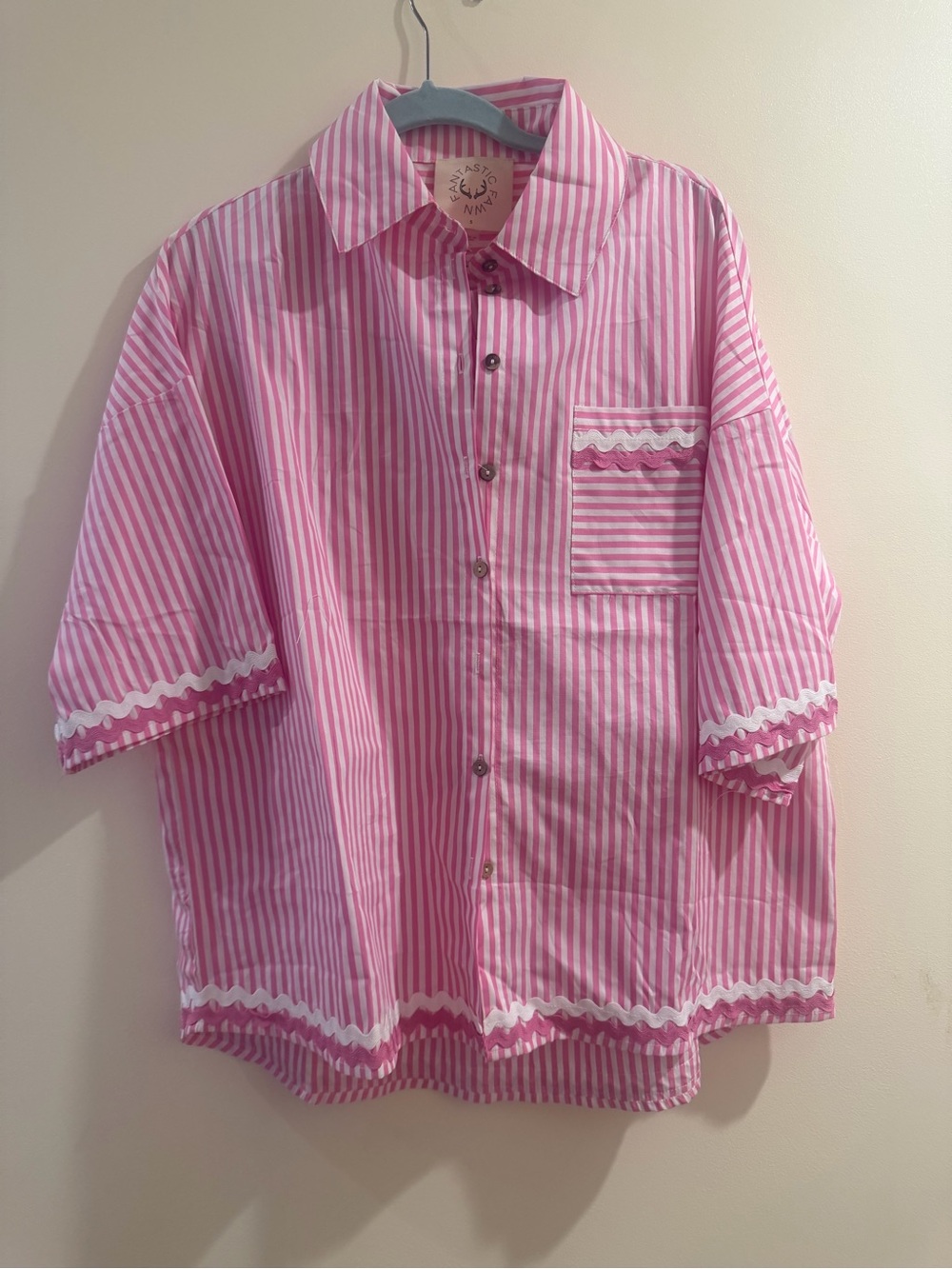 Pink & White Striped Button-Up Shirt with Ric Rac Trim Size Small